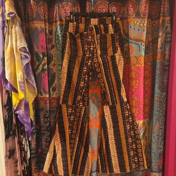 Free People Black & Mustard Patterned Flare Pants - Corduroy - Picture 3 of 6